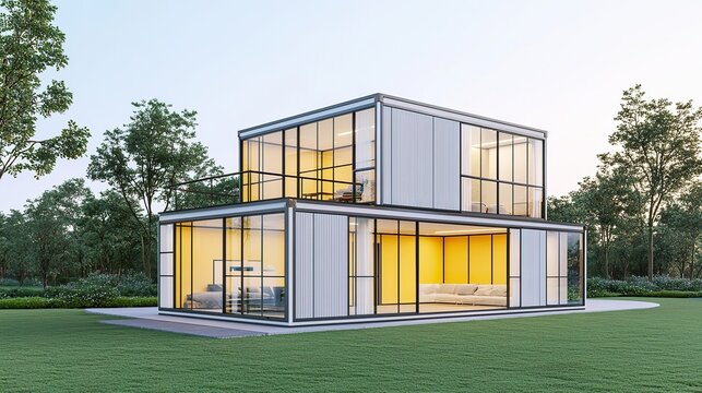 Modular smart home design with flexible walls, reconfiguring layout with a button press, adaptable living, future architecture.  