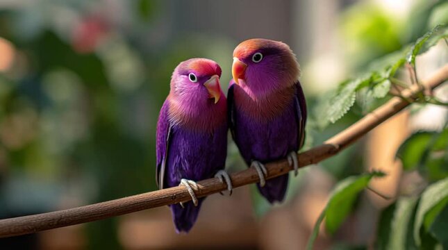 Two Vibrant Purple and Pink Lovebirds Perched Closely on a Branch, Affectionately Preening and Nuzzling Each Other, Illustrating Their Strong Bond and Mutual Devotion