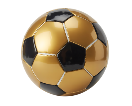 Shiny Gold and Black Soccer Ball with White Stitching football sport Cutout PNG isolated on a transparent background
