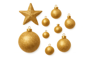 Fototapeta premium Gold glitter christmas ornaments and star on transparent background decorating festive season