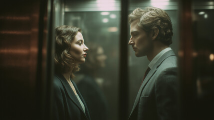 working woman and man standing together in elevator