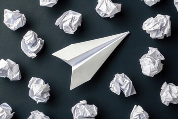 White paper airplane surrounded by crumpled sheets on dark surface, symbolizing creativity, persistence, and success through trial and error
