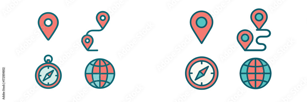 Poster various travel icons design showing maps, compasses, and location markers for navigation and explora