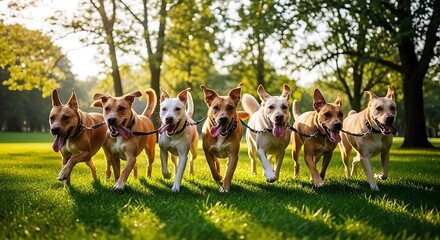 Seven dogs running in park sunny day happy dogs group outdoor walk