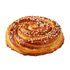 Round Danish pastry with apricot jam center and sesame sprinkle, isolated on transparent background.
