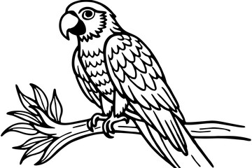 Fototapeta premium Line Art Illustration of a Parrot Perched on a Branch with Leaves on white background