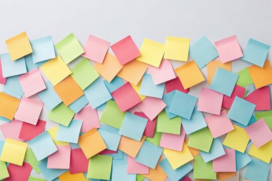 Scattered colorful sticky notes on light gray surface, forming a vibrant mosaic that symbolizes brainstorming, planning, and creative thinking