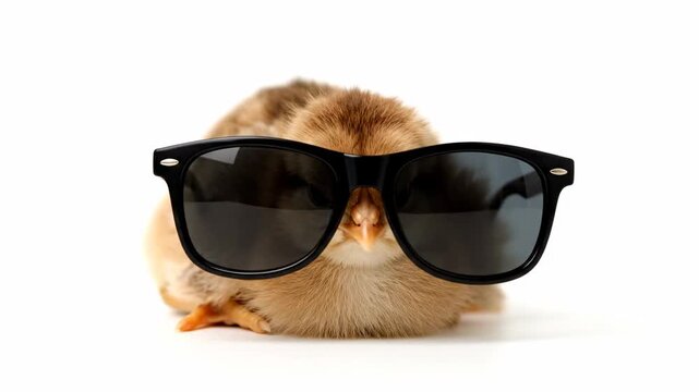 Cool Chick in Sunglasses - A fluffy brown chick rests on a white background wearing oversized black sunglasses.