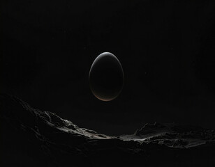Floating egg black void harsh lighting top down minimal silhouette surreal night landscape with mysterious calm tension