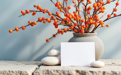 Orange berries in stone vase with smooth stones and paper autumn branches