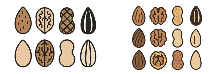 Various types of nuts arranged in a pattern showcasing their diverse shapes and textures in a simple layout