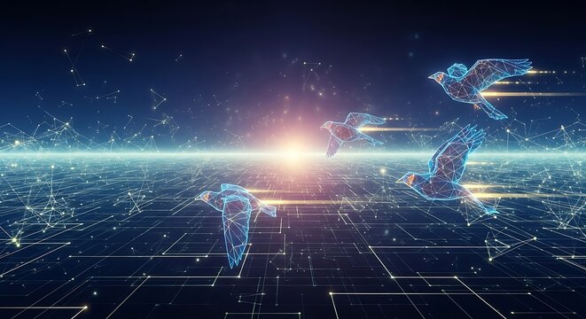 Digital birds flying through a futuristic technological landscape.