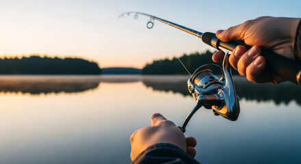 Experience peaceful fishing at dawn with modern rod and reel, perfect for outdoor adventure and serene nature lifestyle images