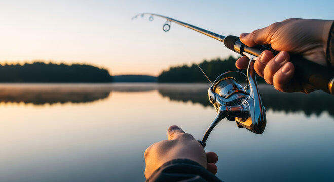 Experience peaceful fishing at dawn with modern rod and reel, perfect for outdoor adventure and serene nature lifestyle images