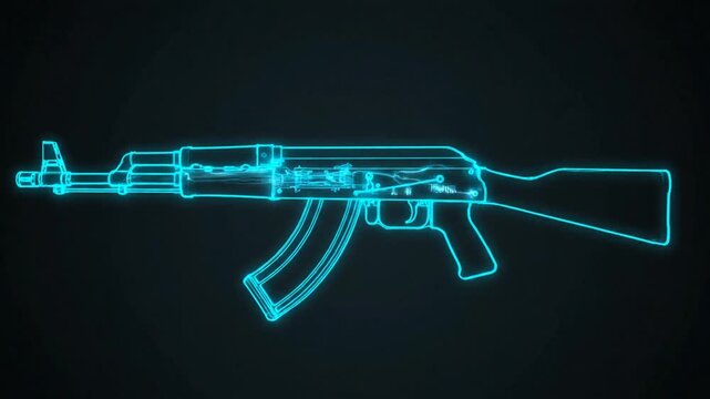 Neon AK-47 Assault Rifle Outline Animation on Dark Background - Futuristic Weapon Design