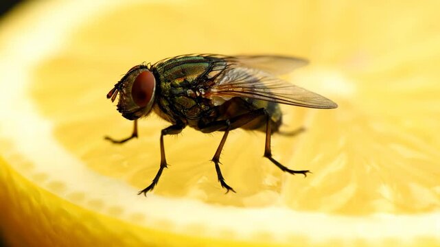 Housefly on Lemon Slice - A detailed close-up shot of a housefly with vibrant red eyes and transparent wings perched on a juicy yellow lemon slice.