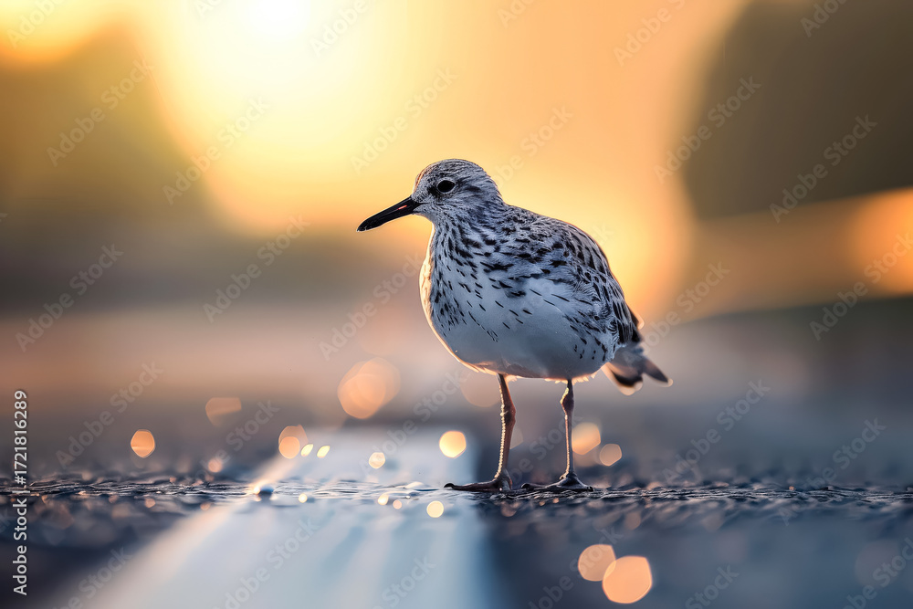 Poster bird standing on a reflective surface during sunset with soft bokeh background effects