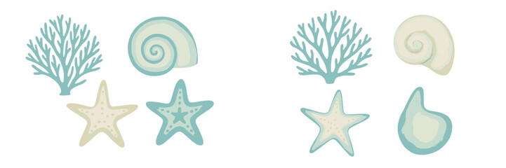 Colorful sea life elements including shells, coral, and starfish on a light background perfect for ocean-themed designs © icon_art