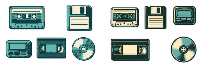 Collection of vintage multimedia devices showcasing audio and data storage technology from the past