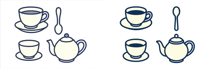 Different types of cups, spoons, and teapots are illustrated in a simple and clean design, showcasing various drinkware styles