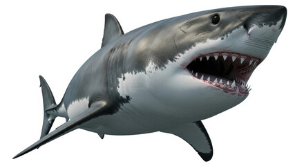 Naklejka premium Majestic great white shark swimming powerfully underwater, a captivating glimpse into the ocean's raw beauty and untamed nature