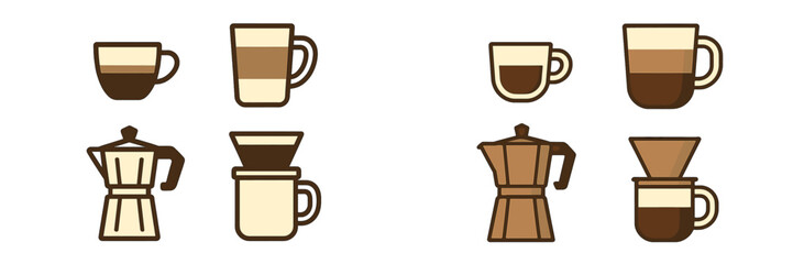 Coffee brewing tools and cup designs displayed in a simple layout for coffee lovers