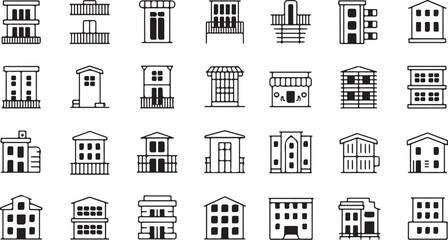 Collection of black and white line art building icons and architectural elements architecture house