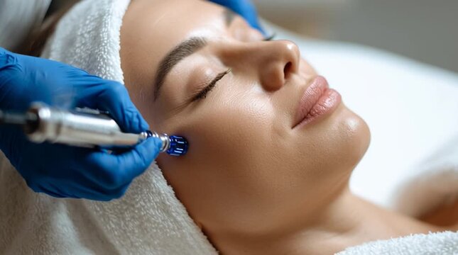 Young Woman Receiving Hydrafacial Treatment, Enjoying a Rejuvenating Skin Care Session at a Beauty Clinic, Promoting Healthy and Radiant Complexion