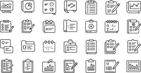 Collection of black and white outline icons representing business and medical documents and data analysis