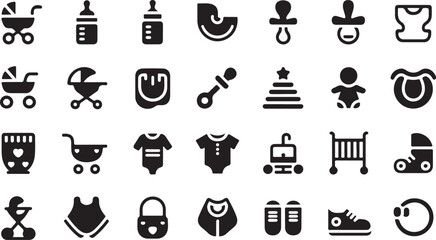 Collection of black baby care and clothing icons on white background baby stroller baby bottle