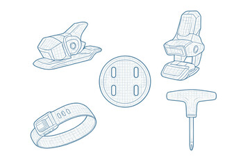 Sketch of snowboarding gear components including bindings, a strap, and a tool for adjustments