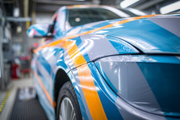 Fototapeta premium Automobile undergoing vinyl wrap installation for custom design