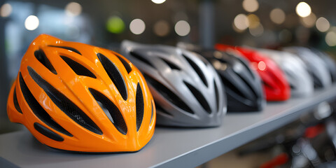 Colorful bicycle helmets displayed on a shelf, showcasing various designs and colors, emphasizing safety gear for cyclists in a modern retail environment