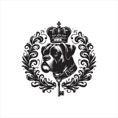 Regal Boxer Dog Head Adorned with Crown Key and Ornate Wreath.