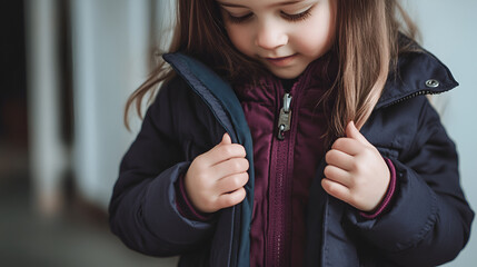 Young girl with long brown hair wearing a dark winter jacket, adjusting her coat, showcasing warmth and comfort in a cozy indoor setting with soft lighting and inviting atmosphere