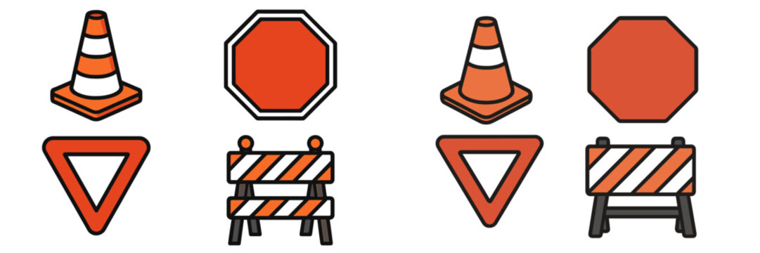 Collection of traffic signs and cones on a white background showcasing road safety elements