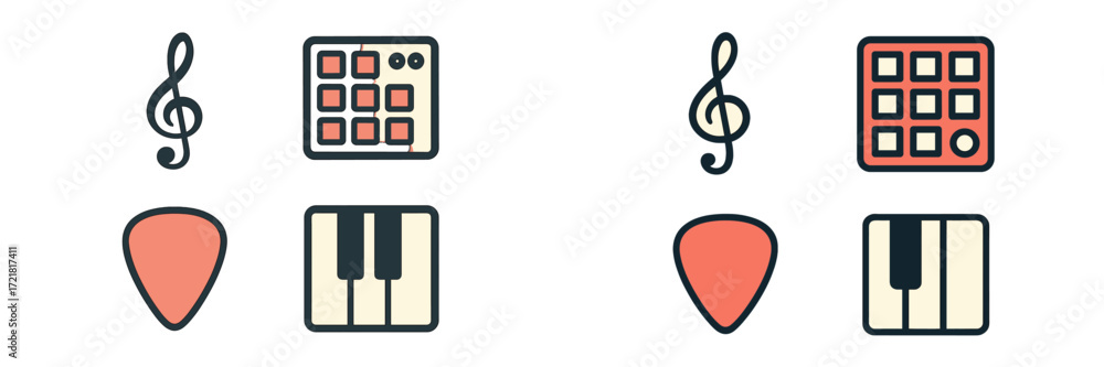 Poster music symbols and instruments depicted in a simple flat design for creative projects