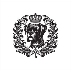 Regal Boxer Dog Portrait with Crown and Key in Ornate Floral Frame.