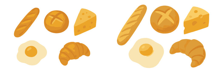 Variety of baked goods and breakfast items arranged on a simple background with yellow tones representing delicious treats
