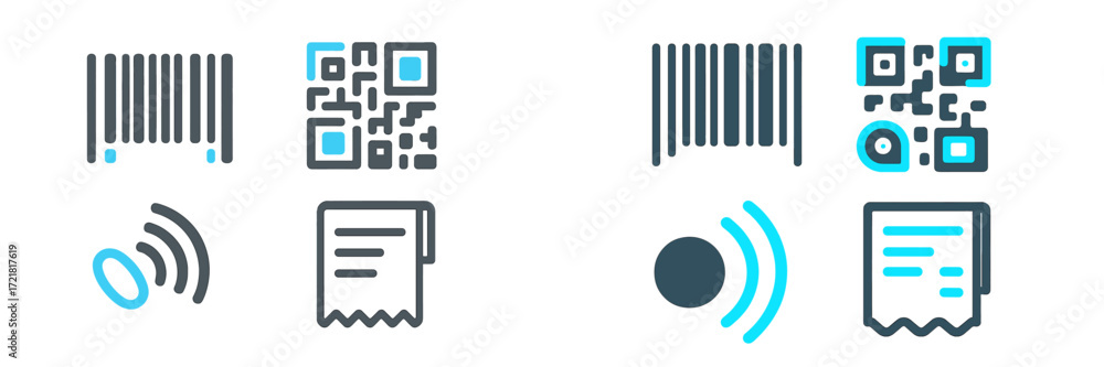 Poster simple designs of barcodes and qr codes with other related symbols, showcasing modern technology for