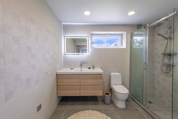 Modern Home Bathroom Interior With Wooden Vanity and Spacious Glass-Enclosed Shower