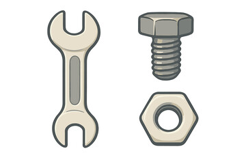 Tools for repair including a wrench, bolt, and nut on a simple background