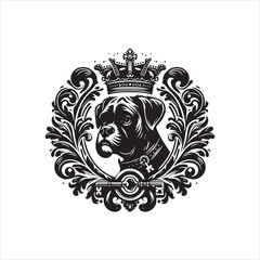 Regal Boxer Dog Portrait with Ornate Crown and Key Emblem.