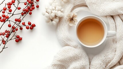 Cozy Still Life Tea Cup, Wool Scarf, Red Berries, and Cotton Flowers