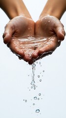 Cupped Hands Holding Water, Water Droplets Falling on Light Background, Freshness, Cleanliness