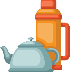 A teapot in front of an orange thermos
