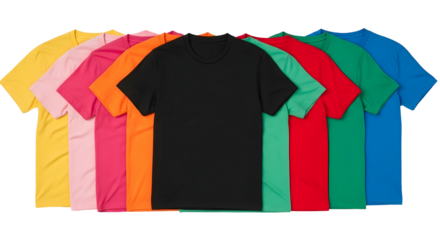 A vibrant array of colorful blank t-shirts displayed in a neat, organized row, showcasing various hues.