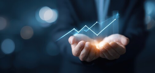 The Hands Holding a Holographic Growth Chart Representing Business Success and Innovation
