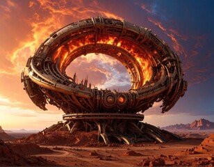 Giant, golden, ring-shaped structure on a desert planet