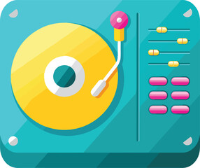 A topdown illustration of a teal turntable with a yellow record and white tonearm